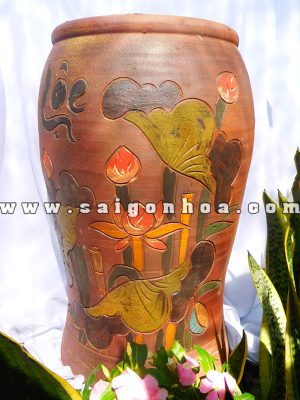Chậu Gốm Đỏ-Chậu Đất Nung Hoa Văn Nổi Cao 50cm