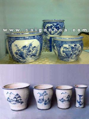 Chậu Gốm Sứ Trắng Hoa Văn Xanh Mỹ Nghệ
